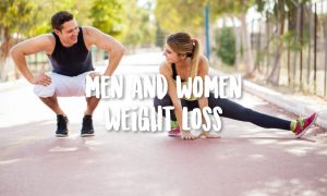 man and woman stretching in park