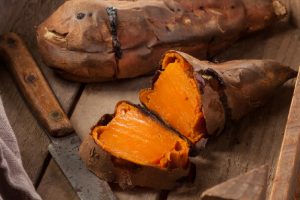 baked sweet potato cut in half