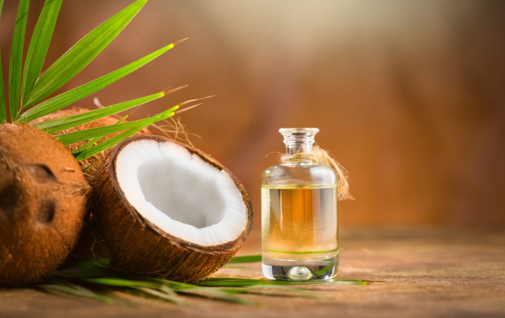 Coconut palm oil in a bottle with coconuts and green palm tree leaf on brown background. Coco